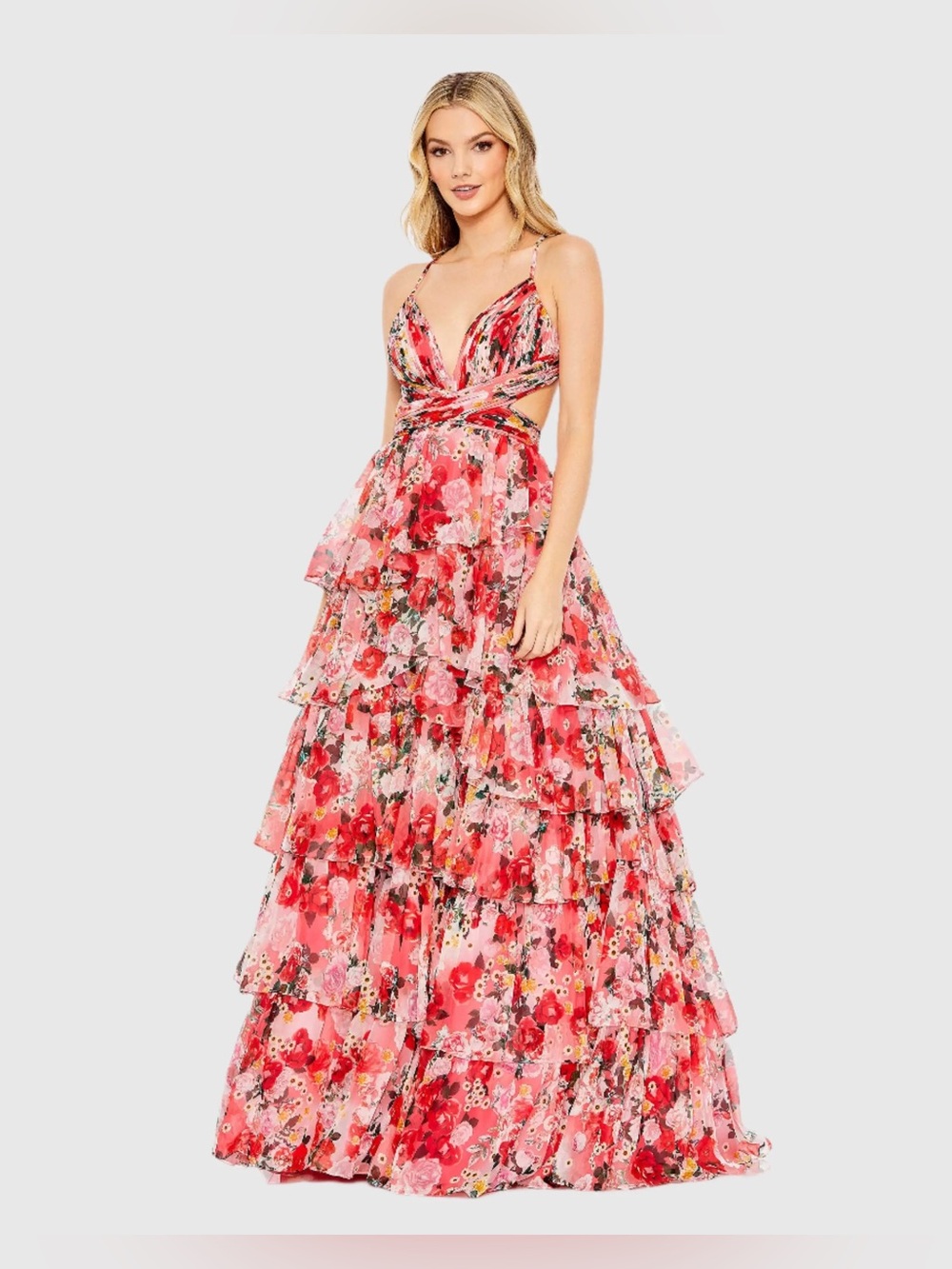 Mac Duggal 67985 Pink Multicolor Floral Tiered Maxi Dress with Cutout Detail